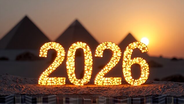 Shimmering golden '2026' stands on desert sand with ancient pyramids silhouetted against a radiant sunset, blending future and history.