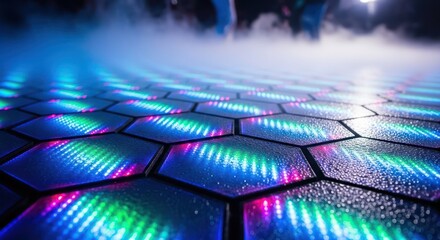 Futuristic illuminated honeycomb floor pattern with atmospheric fog and dynamic lighting