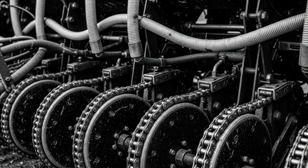 Monochrome machinery marvel: A close-up on agricultural equipment showcasing its intricate design