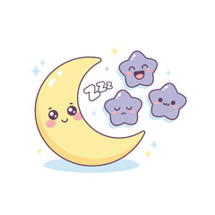 Cute kawaii moon and stars dreaming sleepy night sky vector