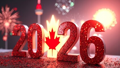 Glittering red numbers and a glowing maple leaf mark a celebratory moment, with dazzling fireworks illuminating a city night sky.