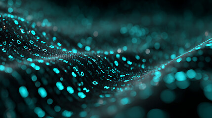 Dynamic abstract digital data stream with glowing binary code in a futuristic, flowing network visualization evoking innovation and technology