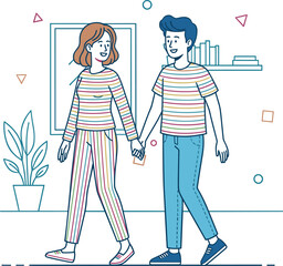 Couple walking hand in hand, minimal line art with colorful stripes