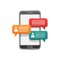 Mobile phone displaying colorful chat bubbles with user icons and text lines for communication