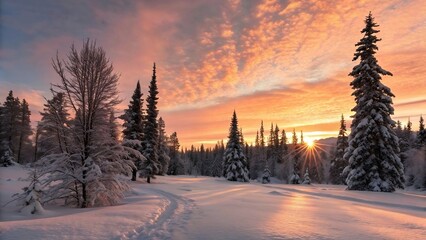 Breathtaking winter sunset over snow-covered forest with winding pathway and sun rays
