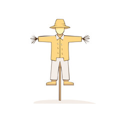 Stylized scarecrow wearing hat and shirt protecting fields from birds and pests