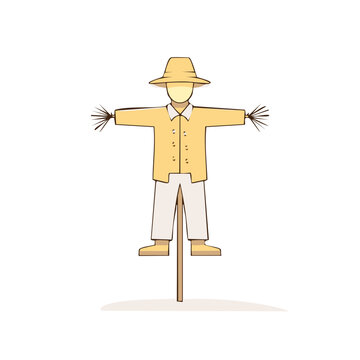 Stylized scarecrow wearing hat and shirt protecting fields from birds and pests
