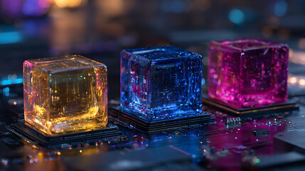 Vibrant glowing data cubes symbolize cutting-edge technology, AI, and digital innovation on a futuristic circuit board
