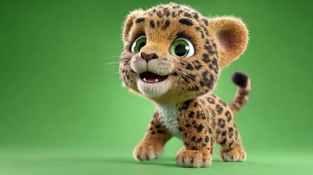 A charming, cartoonish leopard cub with big green eyes, smiling against a green backdrop