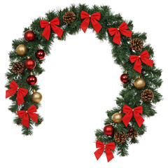 Festive christmas garland with red bows pinecones and ornaments displayed in an arc isolated on transparent background