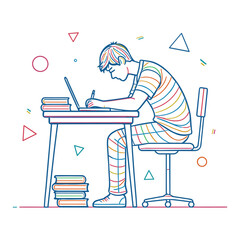 Student writing and studying at desk, minimal colorful line drawing