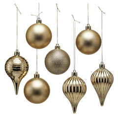 Assortment of festive golden christmas ornaments hanging and displayed with elegant shine isolated on transparent background
