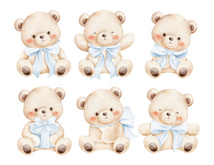 Watercolor Illustration Set of Bears with Blue Bow