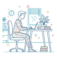 Young man working on laptop at home office, colorful line art