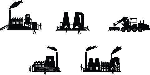 Industrial factory silhouette, manufacturing plant vector, smokestack illustration, construction machinery artwork, cooling tower design, heavy industry icons, worker labor scene