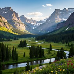 Majestic Mountain Valley with Winding River and Wildflowers.
