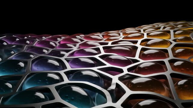 Modern architectural facade featuring honeycomb pattern with colorful reflective glass panels, vibrant design showcasing building structure and innovative use of glass in contemporary architecture