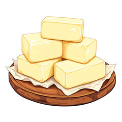 Stacked butter blocks on parchment paper and wooden plate vector illustration isolated on white background