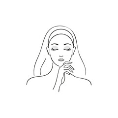 Minimalist line art drawing of a woman's face with closed eyes wearing a headband