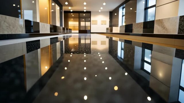 Modern showroom displaying various stone and tile samples with glossy reflections.
