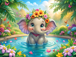 Naklejka premium Adorable baby elephant wearing a vibrant flower crown sits joyfully in a sparkling blue pond surrounded by lush green foliage and colorful blooming flowers