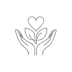 Minimalist hands with heart and leaves logo, abstract design, concept of care.