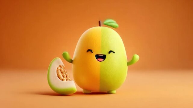 A cheerful, split fruit character, with a slice, arms raised, and a big smile. Orange background