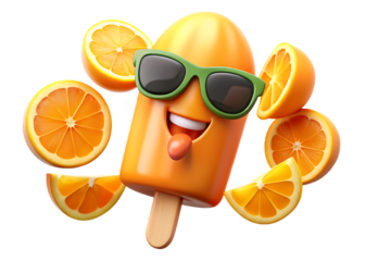 Whimsical orange popsicle wearing sunglasses and a happy face surrounded by fresh orange slices on a black background a fun summer treat