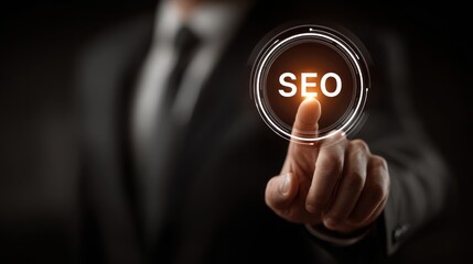 Businessman touching a button with the word SEO representing search engine optimization