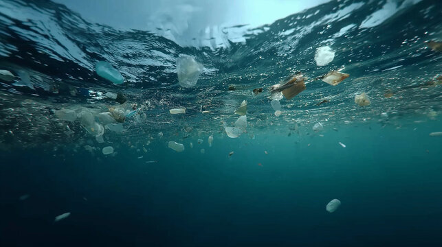 Underwater view of plastic pollution in the ocean, showing the accumulation of waste material floating