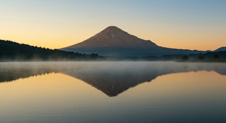 Obraz premium “Serene lake with mountain reflection at sunrise, calm water surface, soft golden light, peaceful natural landscape, perfect symmetry and stillness.”