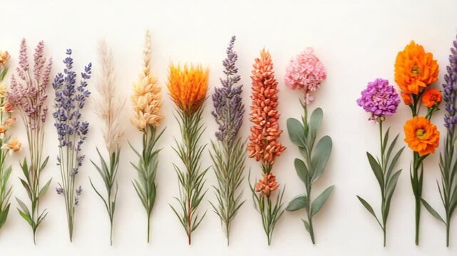 Vibrant Assortment of Colorful Flowers and Plants on a White Background.