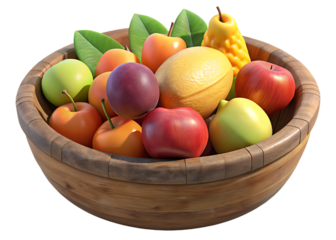 A rustic wooden bowl overflowing with a vibrant assortment of fresh ripe fruits including apples pears plums and apricots on a black background