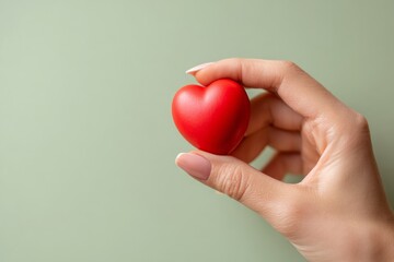 Fototapeta premium A delicate red heart held gently in a hand against a soft sage-green backdrop.