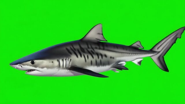 Animated shark swimming across a bright green screen in a side view with detailed textures shown green screen animal video