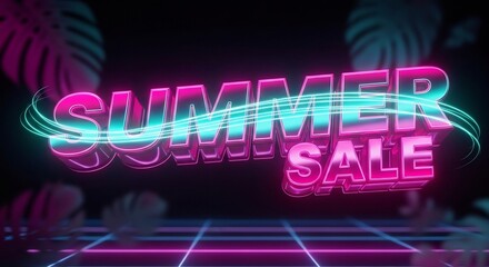 Eye-catching summer sale advertisement with neon text, tropical backdrop, and glowing grid. Perfect for retail promotions, seasonal discounts, and holiday marketing.