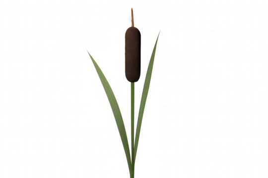 Cattail plant with long green leaves standing upright, isolated on a clear transparent background, wetland flora element