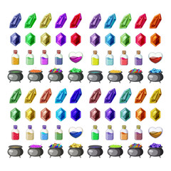 Vibrant collection of mystical gemstones, bubbling potions, and ancient cauldrons for enchanted treasure hunts