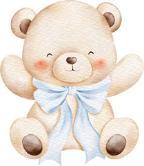 Watercolor Illustration of Bears with Blue Bows