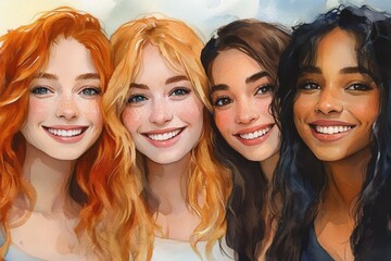 Four cheerful women with diverse features, radiating warmth and friendship, presented in a vibrant, detailed illustration.