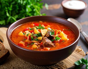 A hearty, vibrant vegetable soup with meat, in a brown bowl, with bread