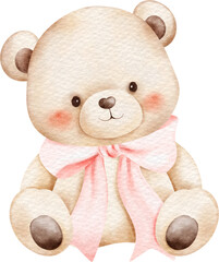 Watercolor Illustration of Bears with Pink Bows