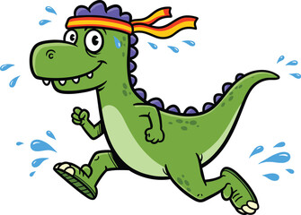 Cartoon green dinosaur running with striped headband, cheerful expression, sweat droplets, fitness theme, animated character, white background, fun illustration