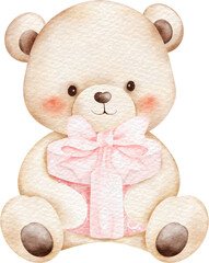 Watercolor Illustration of Bears with Pink Bows