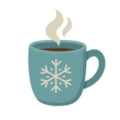 Blue mug with steaming hot drink and snowflake design in cozy flat winter style.