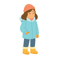 Girl in warm winter clothes with hat, mittens, jacket and boots in cozy flat style.