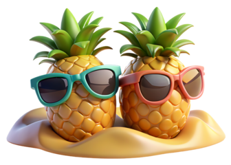 Two cheerful cartoon pineapples wearing colorful sunglasses standing on a sandy beach against a dark background