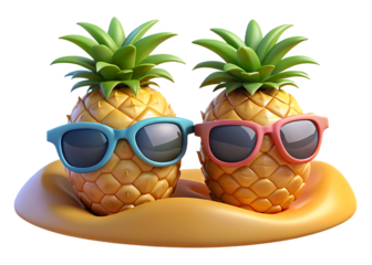 Two anthropomorphic pineapples wearing colorful sunglasses sitting on a yellow float ready for a fun summer vacation
