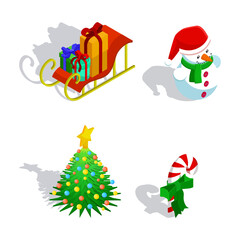 Festive Holiday Icons Christmas Tree, Snowman, Sleigh with Gifts, and Candy Cane Illustrations
