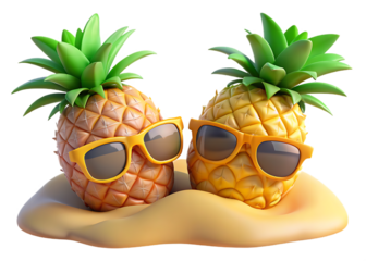 Two anthropomorphic pineapples wearing sunglasses and sitting on a sandy beach with a black background for a fun summer vacation concept